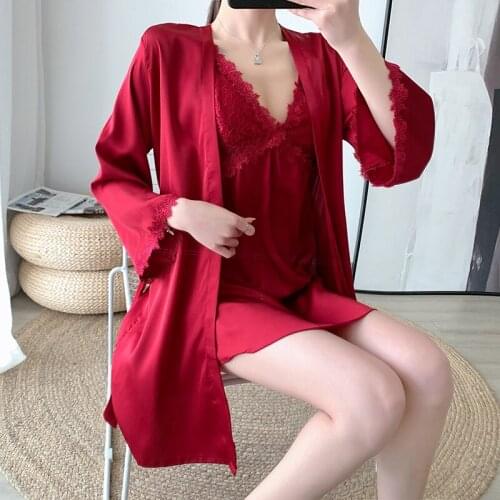 Spring Autumn Women 2PCS Nighty Suit Lace Trim Kimono Robe Gown Faux Silk Night Dress Sexy Hollow Out Nightgown Red Sleepwear