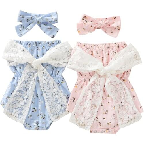 0-24M Baby Girls 2Pcs Fashionable Outfit Summer Floral Printing Bow Decoration Strapless Sleeveless Romper +Headwear Sweet Style