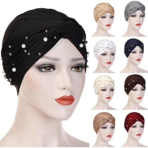 Bead Decor Twisted Bow Jersey Hijab Scarf Muslim Women Soft Turban Headband Islamic Fashion Headwrap Hair Scarf Bonnet Chemo Cap