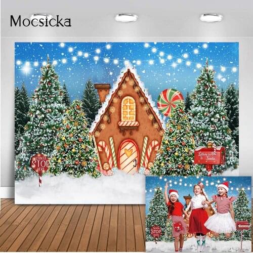 Gingerbread House Backdrop for Christmas Photography Pine Tree Gifts Deer Newborn Kids Portrait Fantasy Candyland Background