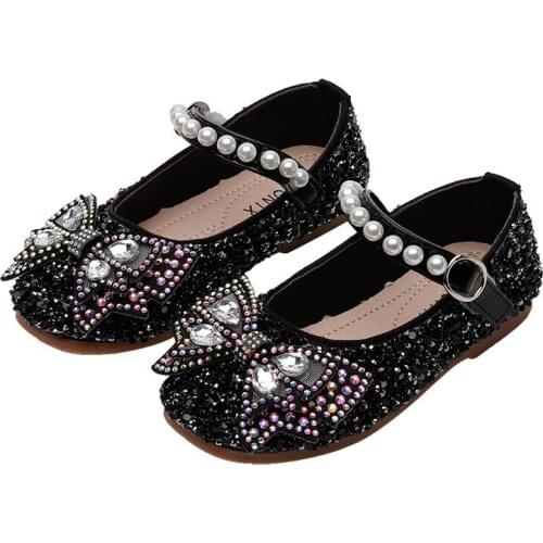 Little Girls Leather Shoes Autumn Sequins Bow-knot Dance Shoes 2020 New Children Flat Kids Princess Beaded Party Shoe 2-8 year