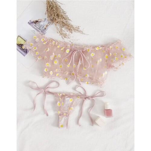 Lenceria Lace Sexy Lingerie Bowknot Erotic Women Embroidery Strapless Bra Thong Set Sleepwear Pajamas Lingerie Seamless Panties