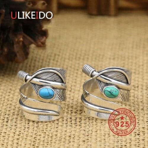 S925 Sterling Silver Vintage Thai Silver Personality Men and Women Open Ring Feather Ring