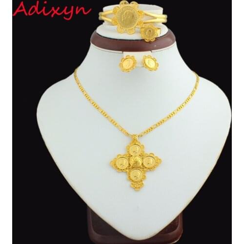 Newest Ethiopian 5pcs Coin Cross Wedding Jewelry Sets 24K Gold Color Bridal Romantic Habesha Jewelry for Women Best Gifts