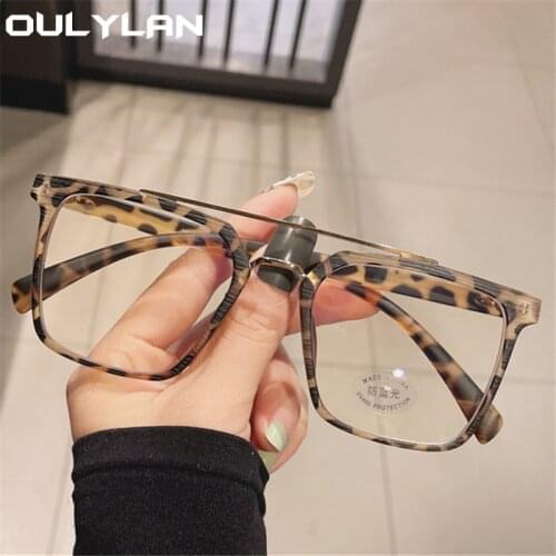 Ouylan Blue Light Blocking Eyeglasses Frames Women Men TR90 Retro Wood Grain Double Beam Glasses Frame Oversized Square Eyewear