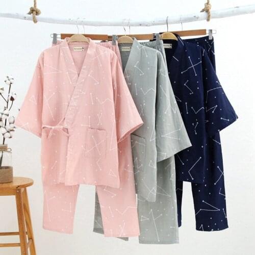 Japanese Men and Women Cotton Gauze Kimono Pajamas Sets Spring Autumn Simple Yukata Nightgown Sleepwear Bathrobe Lover Homewear