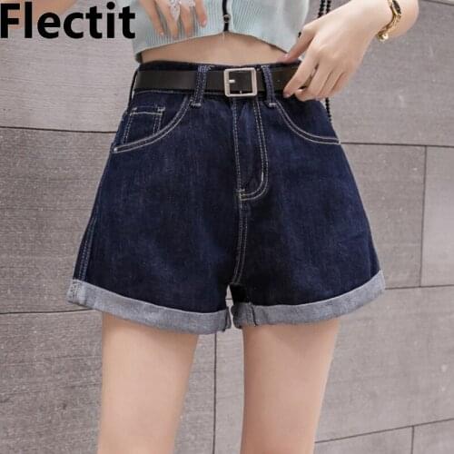 Flectit Vintage Dark Blue Denim Shorts Women Topstitched Roll Up High Waist Mom Shorts Summer Student Girl Casual Outfits