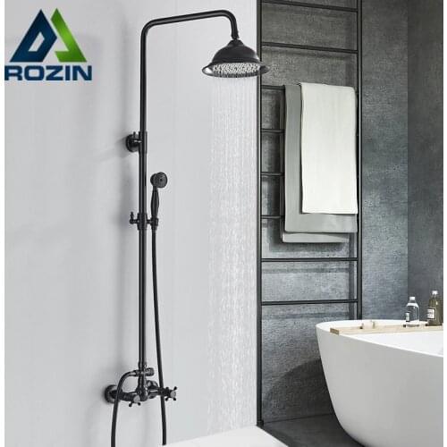 Bathroom Rainfall Shower Mixer Faucet Dual Handle Brass Black Shower Set Faucet Wall Mount Rainfall Shower Mixer Tap Handshower
