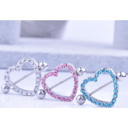 Starose 2Pcs 1.6x14mm Inner Bar Pink Blue White Crystal Heart Nipple Rings Stainless Steel Women Nipple Piercing Barbell Jewelry