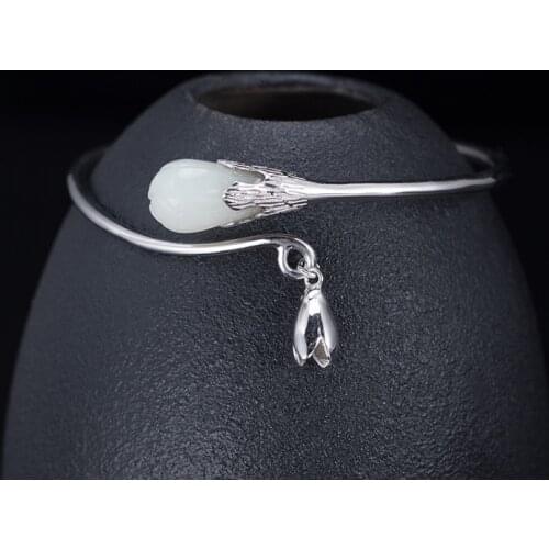 S925 Sterling Solid Silver Bracelet Fashion Hetian Jade Magnolia Flower Bangles For Women Wedding Engagement Jewelry