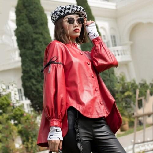 2020 Spring Korean Loose Oversize Jacket Real Sheepskin Female Genuine Leather Coat Single Breasted Bow Lantern Sleeve Overcoats