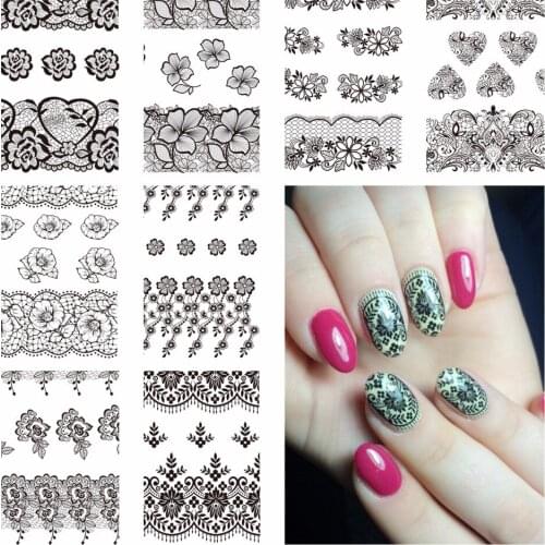 ZKO 1 Sheet Optional Black Lace Designs Nail Art Water Decals Transfer Sticker