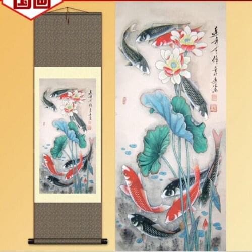 1pc Traditional Home Decoration China Silk scroll painting Fish Lotus Gongbi painting S155