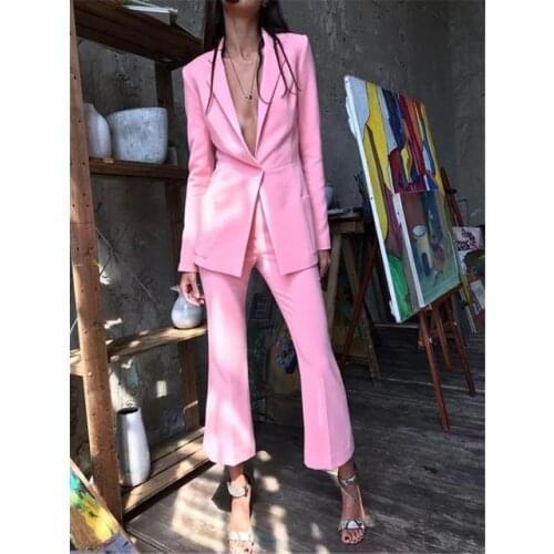 2019 Pink Formal Womens Office Fashion Casual Suits Women Business Prom Wedding Tuxedo Suits 2 Pieces Jacket Pants Traje Mujer