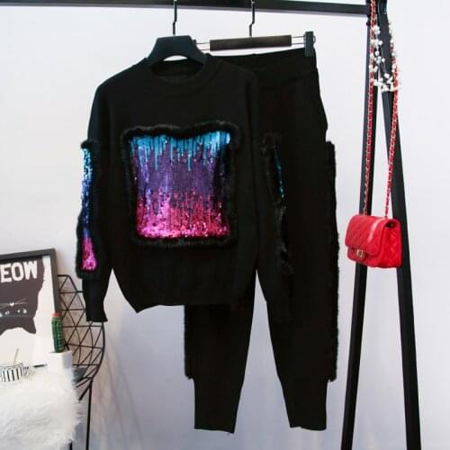 Amolapha Women Good Quality Handmade Sequined Fur Knitted Jumper Tops+Long Pants Clothing Sets Knitting Trousers Clothes Suits