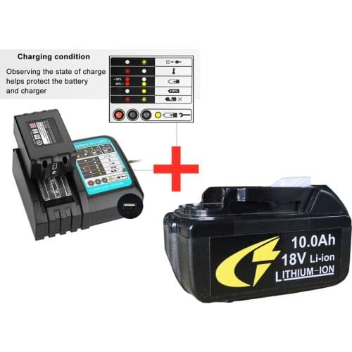 Latest 18V 10Ah BL1860 Rechargeable Battery Lithium Ion, Used for Makita Power Tool Battery BL1840 BL1850 BL1830 LXT400+ Charger