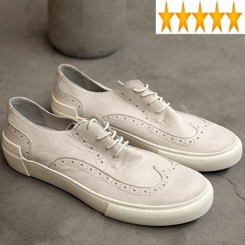Male Summer British Lace Carved Up Casual Genuine Leather Harajuku Vintage Round Toe Cowhide Breathable Mens Sneaker Shoes
