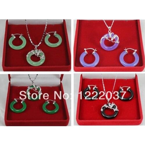 Wholesale 25mm white GP Light green red Green Purple black stone dragon pendant earring sets