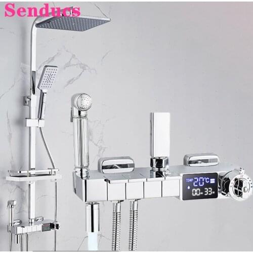 Piano Bathroom Shower Set Quality Polished Chrome Thermostatic Bathroom Shower Faucet Luxury Rainfall Piano Digital Shower Sets