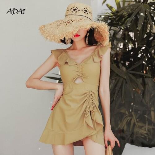 Sexy One Piece Swimsuit Ruffle Hollow Out Monokini Cute Swimsuit Women Irregular Hem Bathing Suit Swim Beach Wear Black Yellow