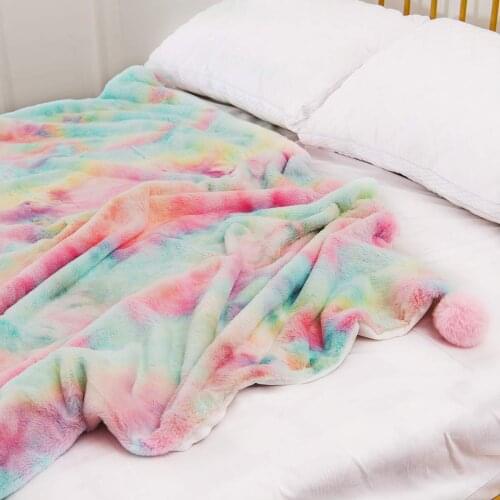 Super Soft Faux Rabbit Hair Colorful Rainbow Throw Blanket for Girls Gift Cozy Couch Blanket with Pom Poms