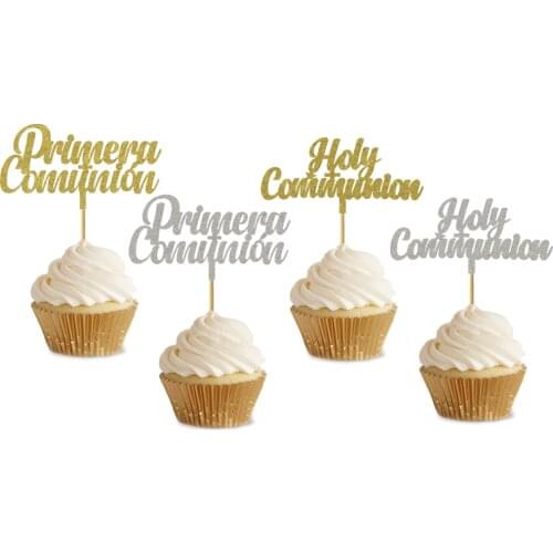 20 Pieces Gold Silver Primera Comunion Cupcake Topper Fort Babys First Holy Communion Party Decoration Cupcake Topper