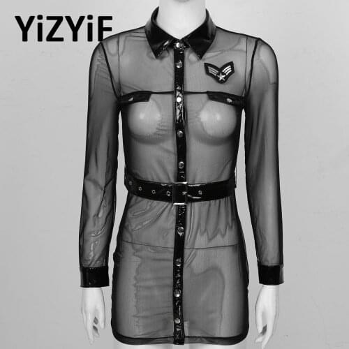 Women See-through Mesh Police Shirt Role Play Costume Long Sleeve Button Mini Dress Blouse with Belt