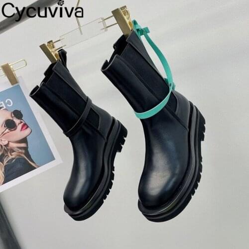 Cycuviva Genuine Leather Ankle Boots Female Slip On Round Toe Platform Shoes Women Casual Motorcycle Boots Women Botas Winter