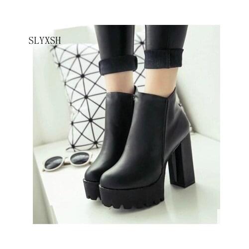 SLYXSH Womens Fashion Side Zipper Ankle Boots Platform Thick High Heel 12 cm Ladies Boots Winter Woman Shoes Black boot