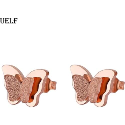 Uelf 2019 New Butterfly Earrings Rose Gold Color Stainless Steel Stud Earrings for Women Child Frosted Butterfly Ear Studs