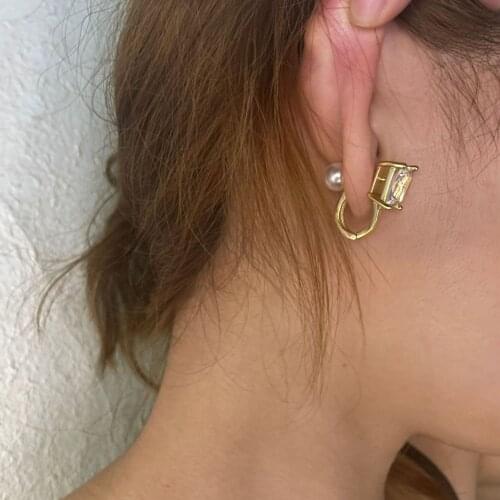 Luxury Goth Gold Geometric U Back Hanging Pearl Ball Square Crystal Stud Earrings for Women 2021 Trendy Korean Fashion Jewelry