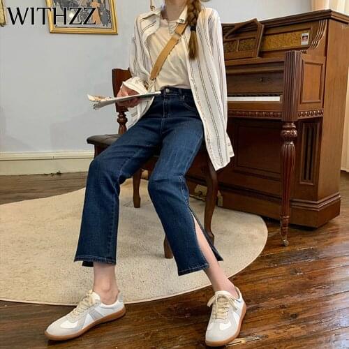 WITHZZ Womens Loose Vintage Straight Split Dark Blue Mid-waist Elastic Denim Pants Asian Size Jeans