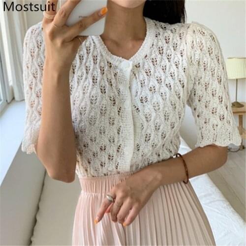 2021 Summer Hollow Knitted Cardigan Tops Women Short Sleeve O-neck Sweater Korean Elegant Ladies Jumpers Femme