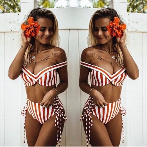 2019 Womens Striped Bikini Set 2Pcs Swimwear Lace Up Bandage High Waist Bottom Thong Swimsuit Summer Bathing Suit Sexy Holiday