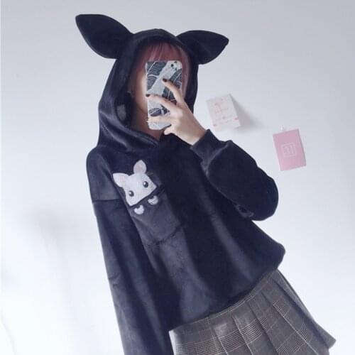 Cute Womens Hooded Pullover Long Sleeve Hoodies Rabbit Ears Rabbit Embroidery Sweatshirt Girls Color Pink & Black Thicken