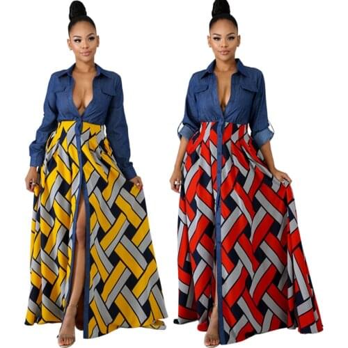 V-neck African Dresses for Women Fake 2 Pieces Long Denim Dashiki Bazin Riche Ethnic National Print Sprit Dress Outfit