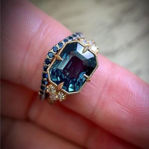 Fashion V Shaped Blue Stone Rings For Women Gold Geometric Cut Zircon Wedding Rings Party Jewelry anillos bague Z3M499