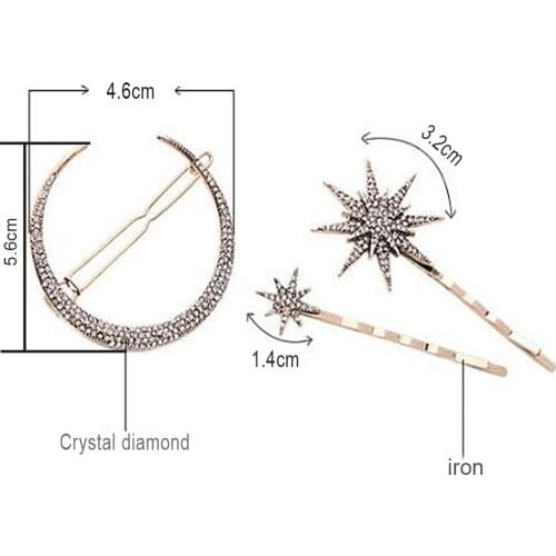 2021 New Fashion Retro 3D Geometric Stars Moon Rhinestone Hair Clip Set Geometric Snowflake Star Women Girl Hairpin Accessories