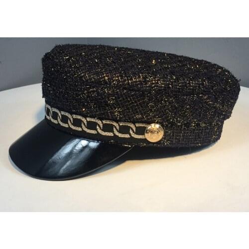 Utumn Winter Chain Black Wool Military Berets for Women Female Flat Army Cap Salior Hat Girl Travel Berets Ladies Painters Cap