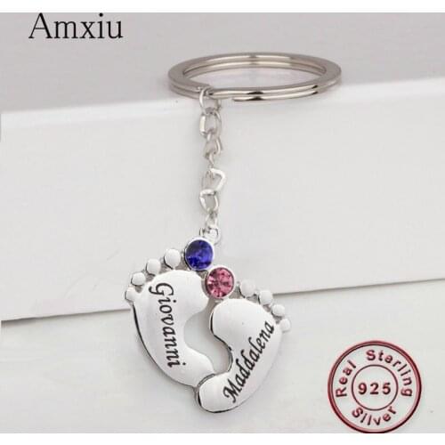 Amxiu Custom 925 Sterling Silver Keychains Engrave Two Names with Birthstone Foot Key Chains For Women Mothers Gift Accessories
