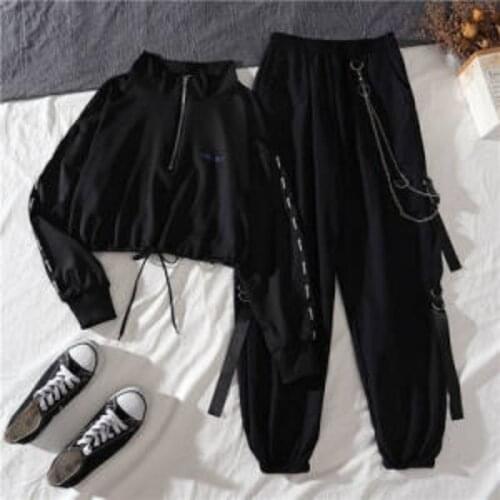 2021 Womens Cargo Pants Buckle Ribbon Pocket Jogger Elastic Waist High Streetwear Harajuku Pant Chain Females Two Piece Pants