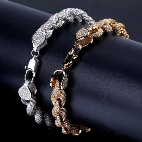 Full AAA+ CZ Zircon Paved Ice Out Twist Rope Link Chain Bracelets for Men Bling Rapper Jewelry Gold Silver Color