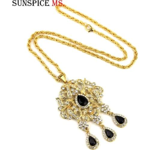 Sunspicems Morocco Gold Color Long Pendant Necklace for Women Head Chain African Ethnic Flower Wedding Jewelry Bride Gift 2020