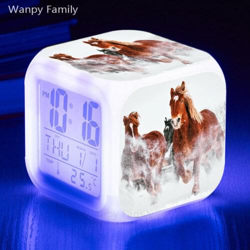 Hot sell snow running horses alarm clock 7 color changing digital alarm clock kids room multifunction Luminous electronic clock