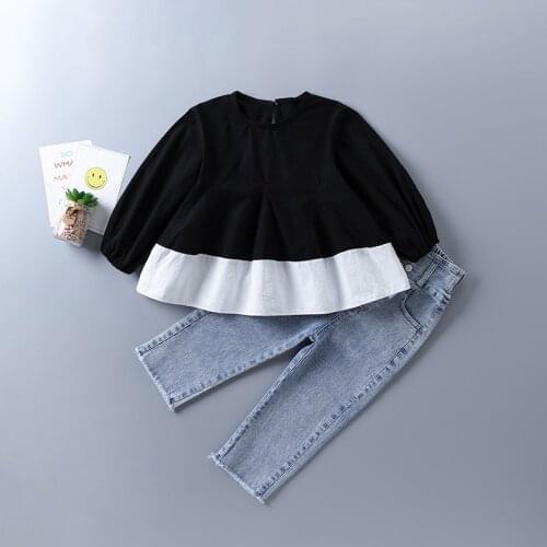 2-7 years high quality girl clothing set 2020 new autumn fashion casual patchwork shirt + denim pant kid children clothing