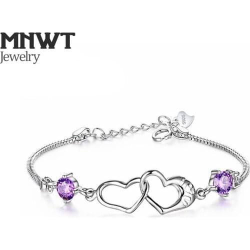 MNWT Simple Friendship Bracelets Silver Color Heart White Purple Zircon Women Double Love Heart Charm Pendant Bracelet