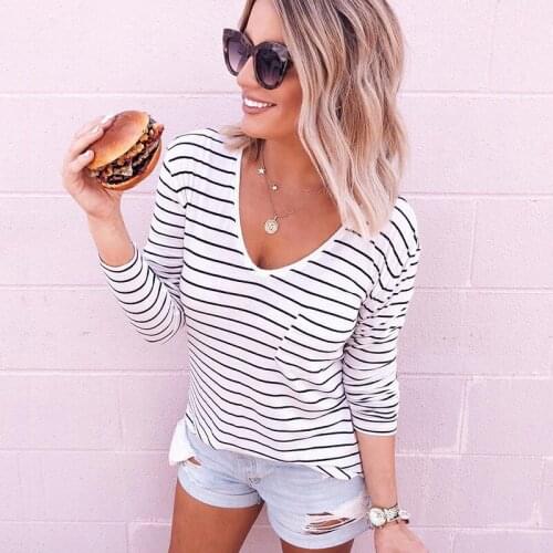 Autumn Long Sleeve T Shirt Women Sexy V Neck Striped Pocket Cotton T-Shirts White Top Casual Slim Tee Ladies Tops Poleras Mujer