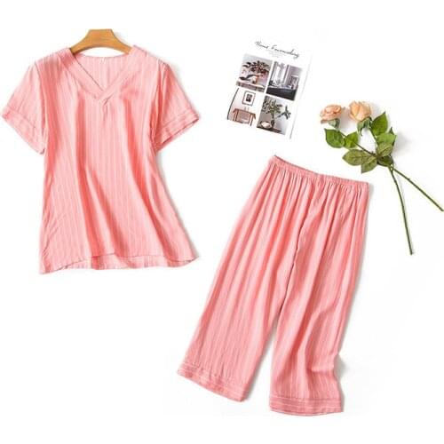 Women new pajamas spring and summer ladies cotton round neck pullover seven point sleeve trousers pajama sets pajamas for women