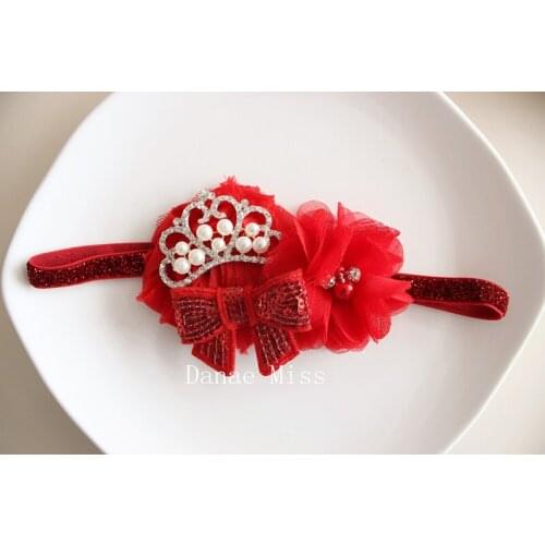 20 pcs Girl shabby chic flower headband sequin bow headband ,Chiffon Two Pearl Two Rhinestone Flower on glitter headband