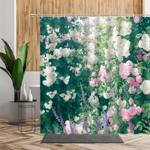 Romantic Flower Wall Shower Curtain White Pink Rose Purple Lavender 3D Printing Bathroom Decoration Waterproof Bath Curtains Set